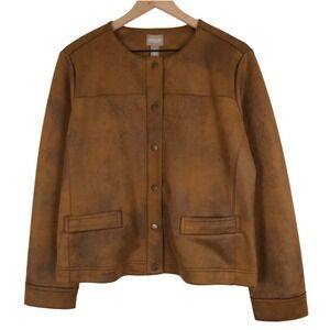 CHICO'S Faux Suede Collarless Snap Front Jacket Sz 2 Large Brown Pockets Minimal